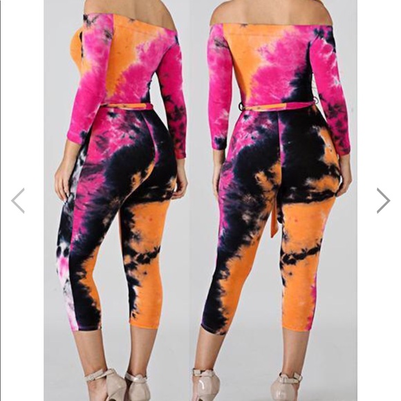 Boat neck tie dye jumpsuit with belt spandex - Picture 2 of 3